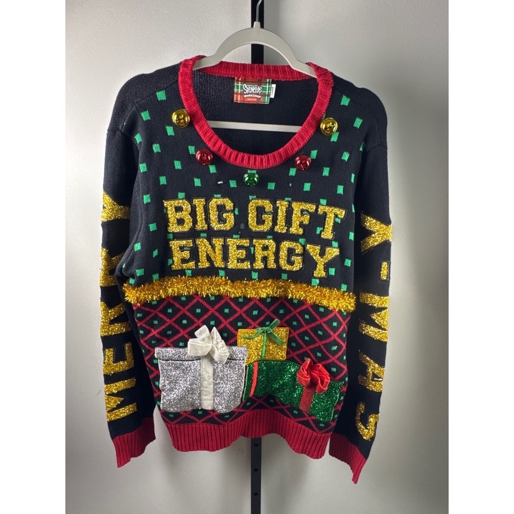 Spencer's Big Gift Energy Ugly Christmas Sweater Mens L Black Gold Glitter 3D
